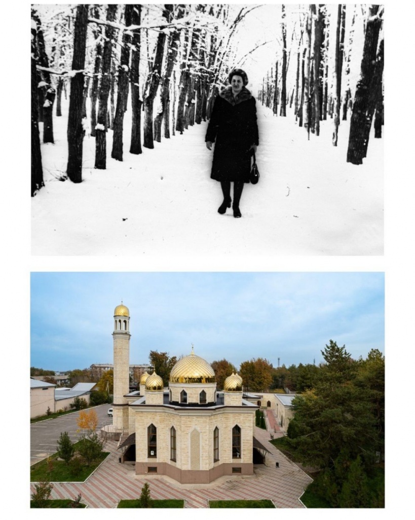 Лилия Штепа на фоне рощи в Табаксовхозе, 1960-е. Мечеть на месте бывшей рощи, 2023.